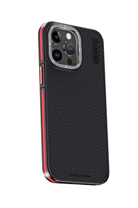 CepteToptan iPhone 15 Pro Kılıf Aramid 600D Kevlar Karbon Fiber Magsafe Kapak - Kırmızı - DROPX7737-4253