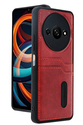CepteToptan Xiaomi Redmi A3 4G Kılıf Sara Kartvizitli Deri Kılıf - Kırmızı - DROPX2208-7007