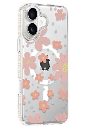 CepteToptan Apple iPhone 16 Floral Magsafe Kapak - Pembe - DROPX4532-8624