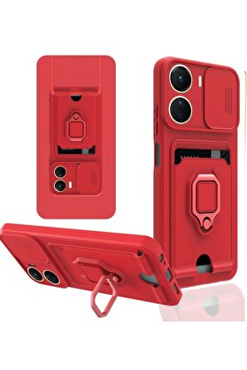CepteToptan Vivo Y16 Kılıf Zuma Kartvizitli Yüzüklü Silikon - Kırmızı - DROPX7148-9130