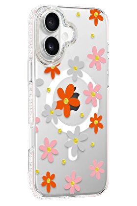 CepteToptan Apple iPhone 16 Floral Magsafe Kapak - Turuncu - DROPX9798-9423