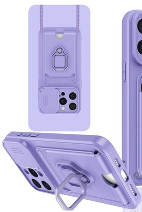 CepteToptan iPhone 15 Pro Kılıf Zuma Kartvizitli Yüzüklü Silikon - Lila - DROPX8408-4893