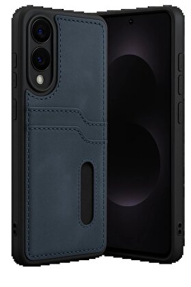 CepteToptan Samsung Galaxy S25 Edge Sara Kartvizitli Deri Kılıf - Lacivert - DROPX4559-7309