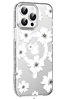 CepteToptan Apple iPhone 14 Pro Max Floral Magsafe Kapak - Beyaz - DROPX7438-8145