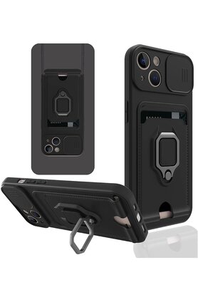 CepteToptan iPhone 15 Kılıf Zuma Kartvizitli Yüzüklü Silikon - Siyah - DROPX8481-2074