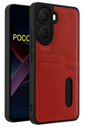 CepteToptan Xiaomi Poco X7 Pro Kılıf Sara Kartvizitli Deri Kılıf - Kırmızı - DROPX2597-1458