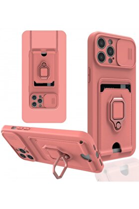 CepteToptan iPhone 12 Pro Kılıf Zuma Kartvizitli Yüzüklü Silikon - Pembe - DROPX8606-9311