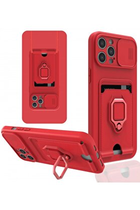CepteToptan iPhone 12 Pro Max Kılıf Zuma Kartvizitli Yüzüklü Silikon - Kırmızı - DROPX9926-6987