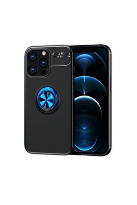 CepteToptan iPhone 13 Pro Max Kılıf Range Yüzüklü Silikon - Siyah-Mavi - DROPX8708-5230