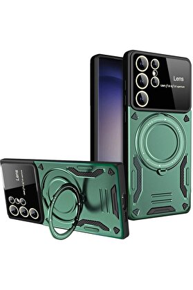 CepteToptan Samsung Galaxy S25 Ultra Kılıf Joy Lens Standlı Kapak - Koyu Yeşil - DROPX2951-6297