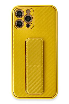 CepteToptan iPhone 12 Pro Kılıf Coco Karbon Standlı Kapak - Sarı - DROPX5842-9418