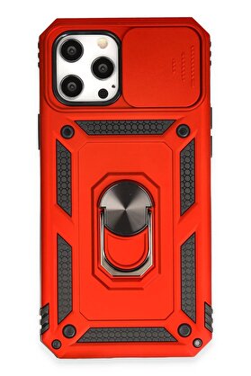 CepteToptan iPhone 12 Pro Max Kılıf Pars Lens Yüzüklü Silikon - Kırmızı - DROPX5929-6351