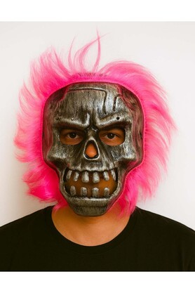 Topdan Wi̇ld Skull - Gümüş Kafatası Pembe Saçlı İskelet Maske