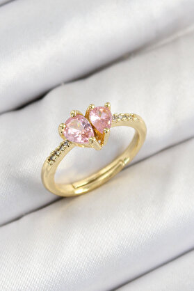Evi̇mdeyokyok Pi̇ri̇nç Zi̇rkon Taşlı Pembe Kalp Model Gold Renk Kadın Yüzük Tj-Byk3802