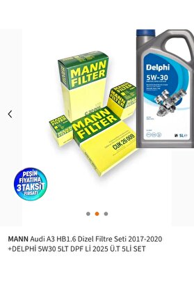 MANN Audi A3 HB1.6 Dizel Filtre Seti 2017-2020 +DELPHİ 5W30 5LT DPF Lİ 2025 Ü.T 5Lİ SET