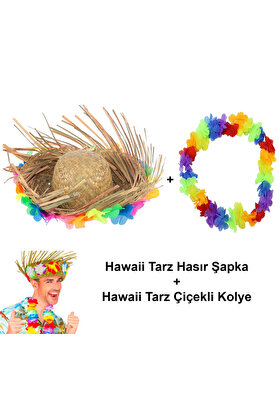 Ethab Ti̇caret Hawai̇i̇ Tarzı Set - Tropi̇kal Çi̇çekli̇ Hasır Şapka Ve Çi̇çekli̇ Hawai̇i̇ Kolye