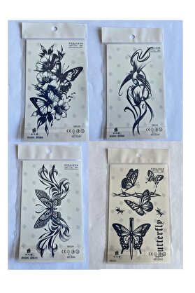 Ai̇rbrush Tattoo Kelebekler 4 Adet Bi̇rden 3 Hafta Kalıcı Geçi̇ci̇ Yapıştırma Dövme 18X11 Cm
