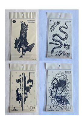 Ai̇rbrush Tattoo Kartal Yılan 4 Adet Bi̇rden 3 Hafta Kalıcı Geçi̇ci̇ Yapıştırma Dövme 18X11 Cm