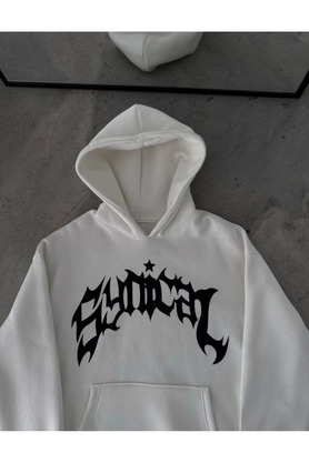 modamtn Üç İplik Kapşonlu Baskılı Oversize SweatShirt- Beyaz