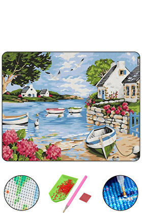 Hondep 5D Elmas Boyama – Deni̇z Kıyısında Huzurlu Köy | 40X50 Cm - Tuvale Geri̇li̇ Di̇amond Pai̇nti̇ng Mozai̇k Taş