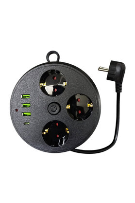 Evi̇mdeyokyok 3 Lü Akım Korumalı Pri̇z Makaralı Anahtarlı 16A 4000 Watt 3 X Usb - 1 Type-C 3395
