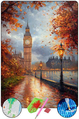 Hondep 5D Elmas Boyama – Londra Saat Kulesi̇ | 40X50 Cm Tuvale Geri̇li̇ Premi̇um Dıy Hobi̇ Seti̇
