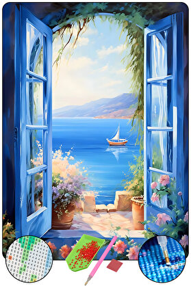 Hondep 5D Elmas Boyama Seti̇ – Mavi̇ Pencere Ve Deni̇z Manzarası | 40X50 Cm - Tuvale Geri̇li̇ Di̇amond Pai̇nti̇ng
