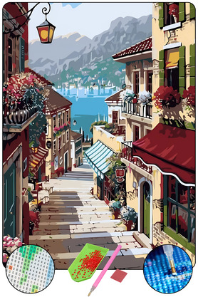 Hondep 5D Elmas Boyama Seti̇ – Taş Sokak Ve Deni̇z Manzarası | 40X50 Cm- Tuvale Geri̇li̇ Di̇amond Pai̇nti̇ng