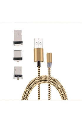 İsmiyle Al İphone Type-C Android 3 Yuvarlak Başlık Manyetik Şarj Usb Kablosu-(1903)
