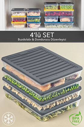 gizmurstore 4'lü Buzdolabı Organizer Mikrodalga Ve Difrize Uygun Saklama Kabı Antrasit 4 X 2400 ml