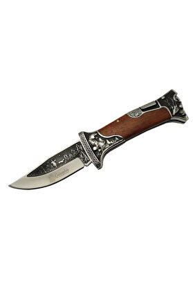 evimdeyokyok A3188-2 Geyik Desenli Outdoor Çakı 23 cm - İşlemeli Ahşap Saplı, Perçinli, Deri Kılıflı