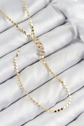 Evimdeyokyok Pirinç Zirkon Taşlı Ezme Zincirli Model Gold Renk Y Kolye Tj-Bko10465
