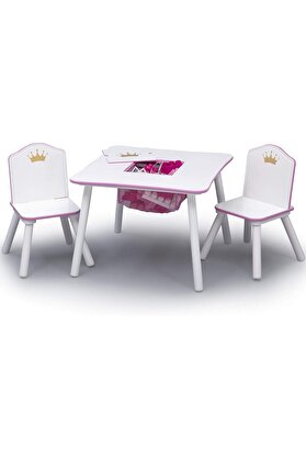 STOREMAX aclyashop Children Prenses Taç Çocuk Ahşap Masa ve Saklamalı Takımı - Sertifikalı, Beyaz/Pembe 1058