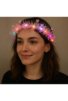 Go İthalat Kalp Püsküllü Gece Parıltısı 3 Modlu Led Li̇ Işıklı Taç Pembe Renk (5258)