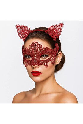 Go İthalat Romanti̇k Kırmızı Dantel Maske Seti̇ - Kedi̇ Kulaklı Taç Ve Maske 3 No (5258)
