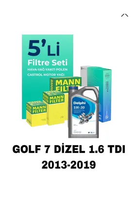 DELPHİ 5W30 5LT YAĞ 2025+VW GOLF 7 DİZEL 1.6 TDI FİLTRE BAKİM SETİ