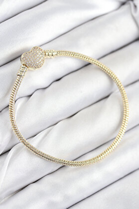 Toptan Bulurum Pirinç Charm Zirkon Taşlı Kalp Model Gold Renk Kadın Bileklik