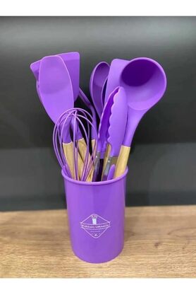 STOREMAX aclyashop 12 Parça Ahşap Sap Silikon Mutfak Pasta Silikon Kepçe Çırpıcı Fırça Kevgir Kaşıklık Maşa S