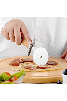 STOREMAX ynsShoping Paslanmaz Çelik Ahşap Saplı Pizza Dilimleyici, Yuvarlak Pizza Kesici Bıçak, Hamur ve Kesi