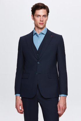 D'S Damat Ds Damat Slim Fit Lacivert Mono Yaka Tek Yırtmaçlı Astarlı Takim Elbise Yelekli