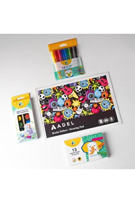 STOREMAX 4’lü Boyama Seti + Resim Defteri 25x35, 12 Renk, Keçeli Kalem, Kuru,Pastel ve Sulu Boya, Fırça Dahil