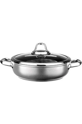 STOREMAX modashine Titanium 24Cm Sığ Tencere, Çelik Kulp, Özel Çerçeveli Cam Kapak Metalik Gri modascope 1014