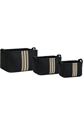 STOREMAX Textile 3'lü Çizgili Siyah Renk Jüt Sepet Set 24 x 17 x 14/30 x 21 x 18/42 x 31 x 25 cm 101477