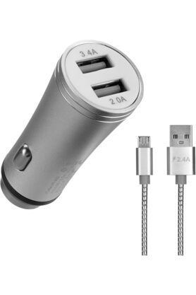 STOREMAX HY-X62 3.4A Hızlı Şarj Micro USB Kablolu 2 USB Metal Araç Şarj Cihazı, Gümüş 1014773