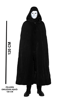 Ethab Ti̇caret Si̇yah Kapüşonlu 120 Cm Peleri̇n Ve Beyaz Boyanabi̇li̇r Tam Yüz Maske