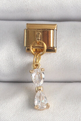 Modamtn Bfs 316L Çeli̇k Gold Renk Sallantı Zi̇rkon Taşlı Kurdele Model Nomi̇nati̇on Charm