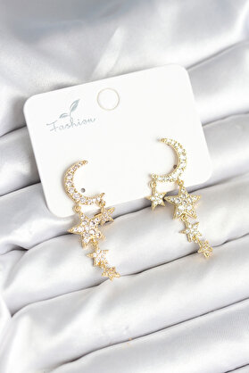 Toptan Bulurum Ay ve Yıldız Model Gold Renk Pirinç Kadın Küpe