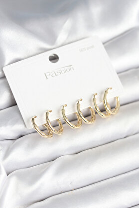 Toptan Bulurum Pirinç Gold Renk Kemik Halka Model 925 Ayar Gümüş Çivili Kadın Küpe Seti
