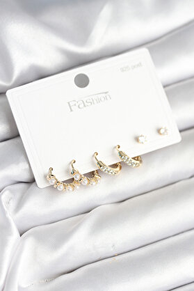 Toptan Bulurum Pirinç Gold Renk Zirkon Taşlı ve İncili Model 925 Ayar Gümüş Çivi Kadın Küpe Seti
