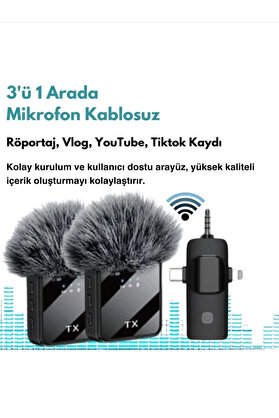 gizmurstore Yüksek Kalite Profesyonel 3 In 1 Kablosuz Taşınabilir Yaka Mikrofonu Tüylü